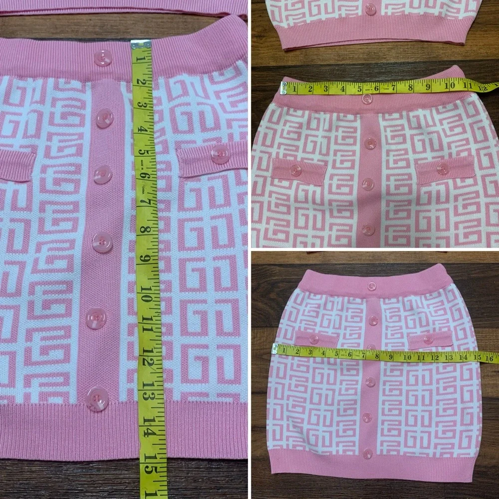 Girls Pink & White Knit 2-Piece Skirt Set Sleeveless Faux Button Front Size L
